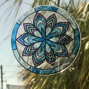 Mandala Flower Suncatcher Window Cling, Blue/Purple Transparent Stained Glass Look, 5 Round, Reusable and Removable Decal Stickers image 5