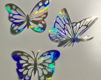 3 Butterfly Window Cling Suncatchers, 5" x 4", Prism & Holographic Rainbow Maker, Static Cling Decals, Set of 3, Removable and Reusable