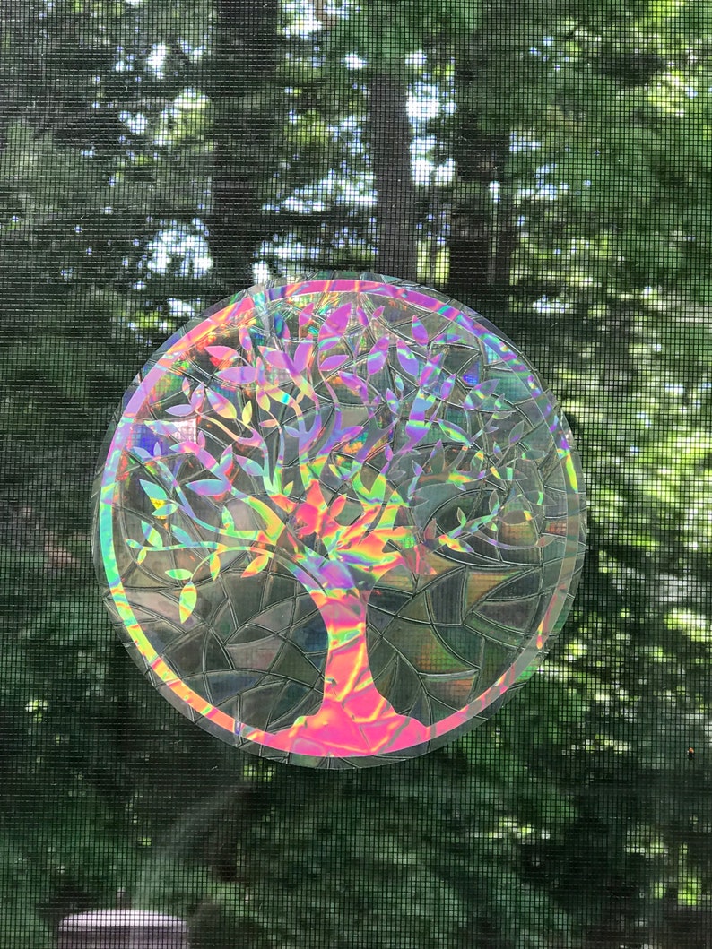 Large Tree of Life Window Cling Suncatcher, Prism & Holographic Rainbow Maker, Static Cling Decal, 8 diameter, Removable and Reusable image 8