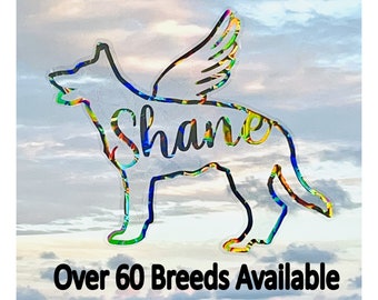 Custom Dog Suncatcher Memorial Personalized with Name and Silhouette Likeness using Holographic Rainbow Prism Window Cling, Dog Lover's Gift