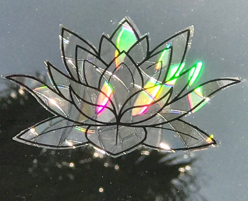 Large Lotus Flower Window Cling Prism & Holographic Rainbow Maker, Static Cling Decal, 11 x 6.5. Removable and Reusable image 4