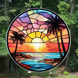 Beach Sunset & Palm Trees Window Cling Suncatcher Stained Glass Effect UV Protected Deters Bird Strikes Colorful Home Decor, 5 Round image 3