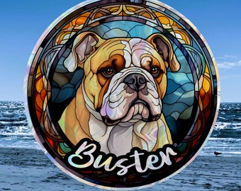 Bulldog Suncatcher Memorial, Personalized with Dog's Name, Window Cling, Stained Glass Effect, Loss of Pet Memorial, Pet Lover’s Gift