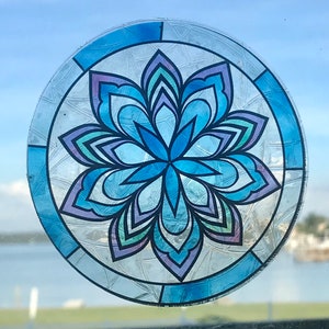 Mandala Flower Suncatcher Window Cling, Blue/Purple Transparent Stained Glass Look, 5 Round, Reusable and Removable Decal Stickers image 1