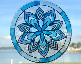 Mandala Flower Suncatcher Window Cling, Blue/Purple Transparent Stained Glass Look, 5” Round, Reusable and Removable Decal Stickers