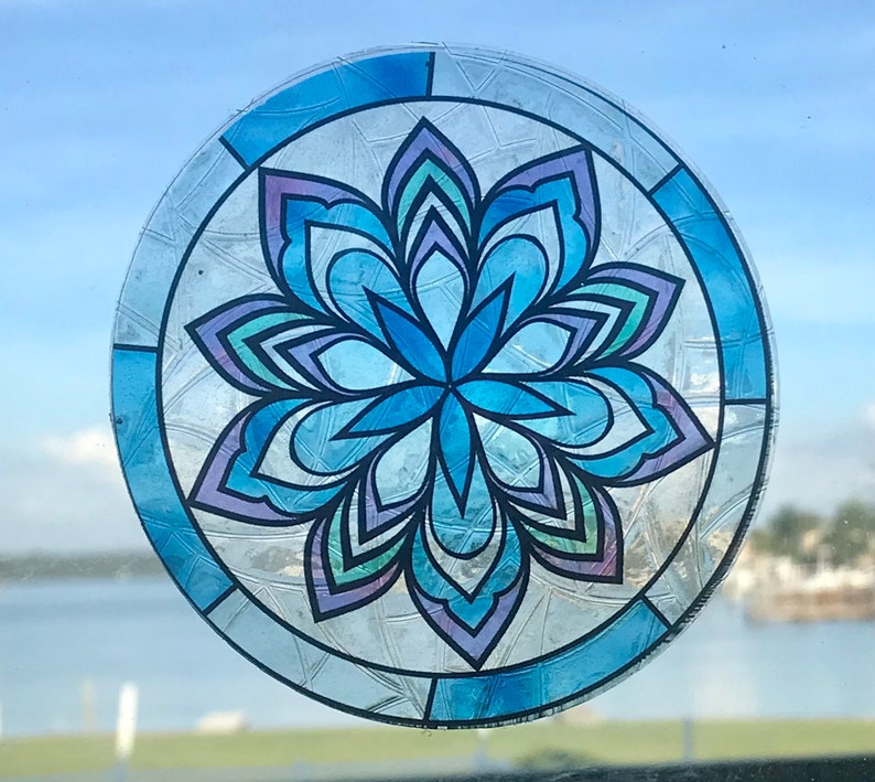 Mandala Flower Suncatcher Window Cling, Blue/Purple Transparent Stained Glass Look, 5 Round, Reusable and Removable Decal Stickers image 1