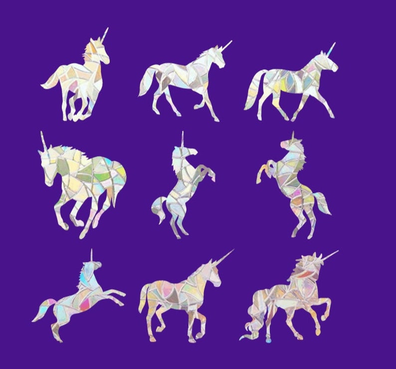 9 Unicorn Prism Rainbow Maker Window Cling Suncatcher, Vinyl Static Cling Decal, Set of 9 Decals, Prevent Bird Strikes image 1