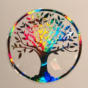 Large Tree of Life Window Cling Suncatcher, Prism & Holographic Rainbow Maker, Static Cling Decal, 8” diameter, Removable and Reusable