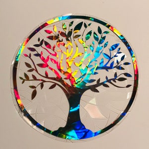 Large Tree of Life Window Cling Suncatcher, Prism & Holographic Rainbow Maker, Static Cling Decal, 8” diameter, Removable and Reusable