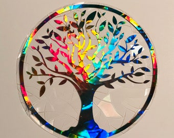 Tree of Life Window Cling Suncatcher, Prism & Holographic Rainbow Maker, Static Cling Decal, 5" diameter, Removable and Reusable