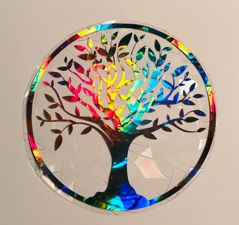 Large Tree of Life Window Cling Suncatcher, Prism & Holographic Rainbow Maker, Static Cling Decal, 8 diameter, Removable and Reusable image 1