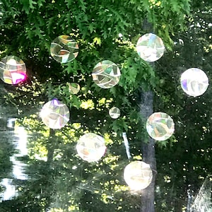 May include: A close-up of a window with iridescent, round, reflective stickers. The stickers are various sizes and are arranged in a random pattern. The stickers are reflecting the light from the trees outside the window.