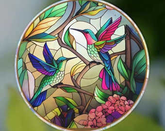 Colorful Hummingbirds Window Cling Suncatcher Stained Glass Effect | UV Protected | Deters Bird Strikes - Colorful Home Decor, 5" Round