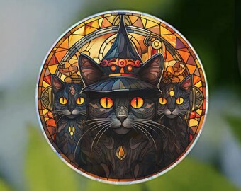 Spooky Black Cats Window Cling, Halloween Fall Decor, Stained Glass Effect, Removable & Reusable Sticker Decals, 5 inch round