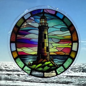 Lighthouse Window Cling Suncatcher Stained Glass Effect | UV Protected | Deters Bird Strikes - Colorful Home Decor, 5&quot; Round