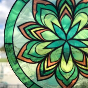 Snowflake Flower Suncatcher Window Cling, Green/Orange Transparent Stained Glass Look, 5 Round, Reusable Decal Stickers image 2