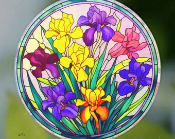 Colorful Iris Flowers Window Cling Suncatcher Stained Glass Effect | UV Protected | Deters Bird Strikes - Colorful Home Decor, 5" Round
