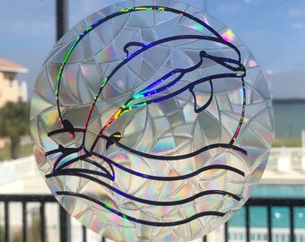 Dolphin Suncatcher Window Cling, Prism Holographic Rainbow Maker, Static Cling Decal, 5” round, Removable and Reusable, Prevent Bird Strikes