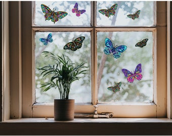 10 Butterfly Window Cling Suncatchers, Stained Glass Look, Window Art, Static Cling Vinyl, Reusable, Removable Decals