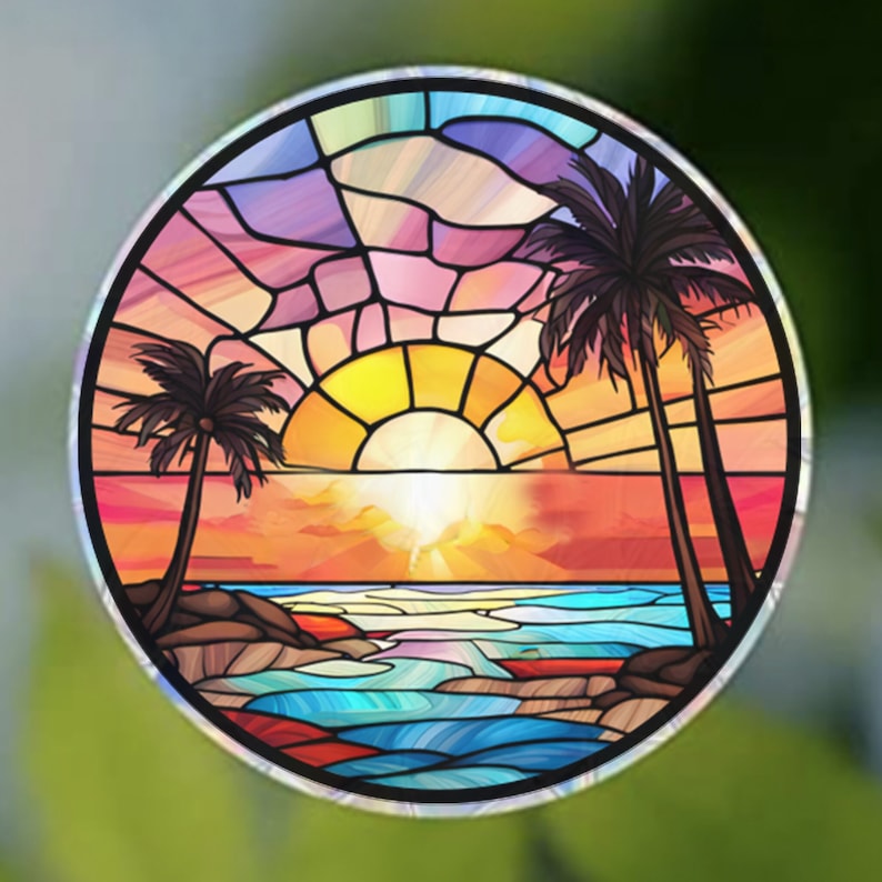 Beach Sunset & Palm Trees Window Cling Suncatcher Stained Glass Effect UV Protected Deters Bird Strikes Colorful Home Decor, 5 Round image 1