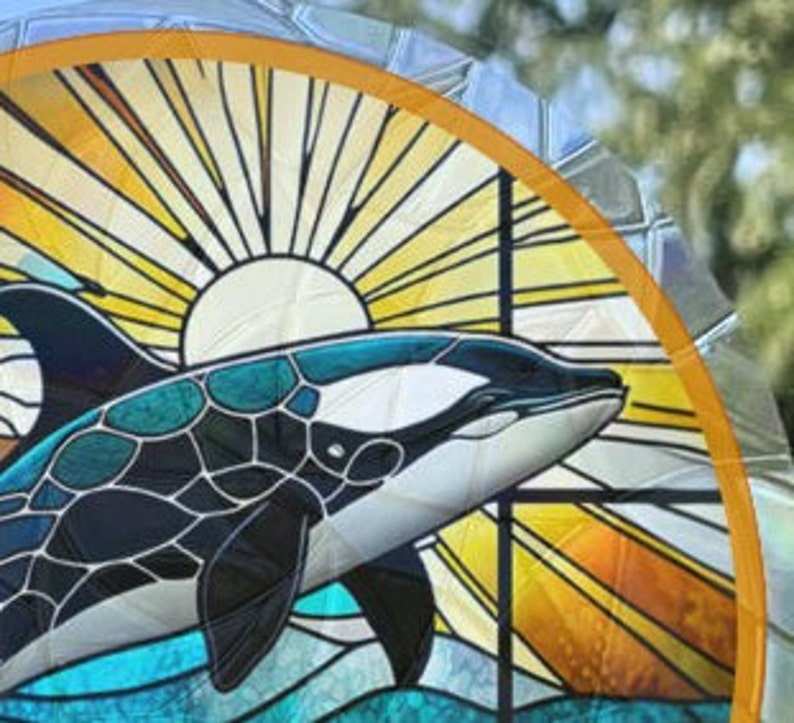 Orca Tropical Window Cling Suncatcher Stained Glass Effect UV Protected Deters Bird Strikes Colorful Home Decor, 5 Round image 4