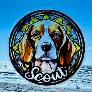 Beagle Suncatcher Memorial, Personalized with Dog&#39;s Name, Window Cling, Stained Glass Effect, Loss of Pet Memorial, Pet Lover’s