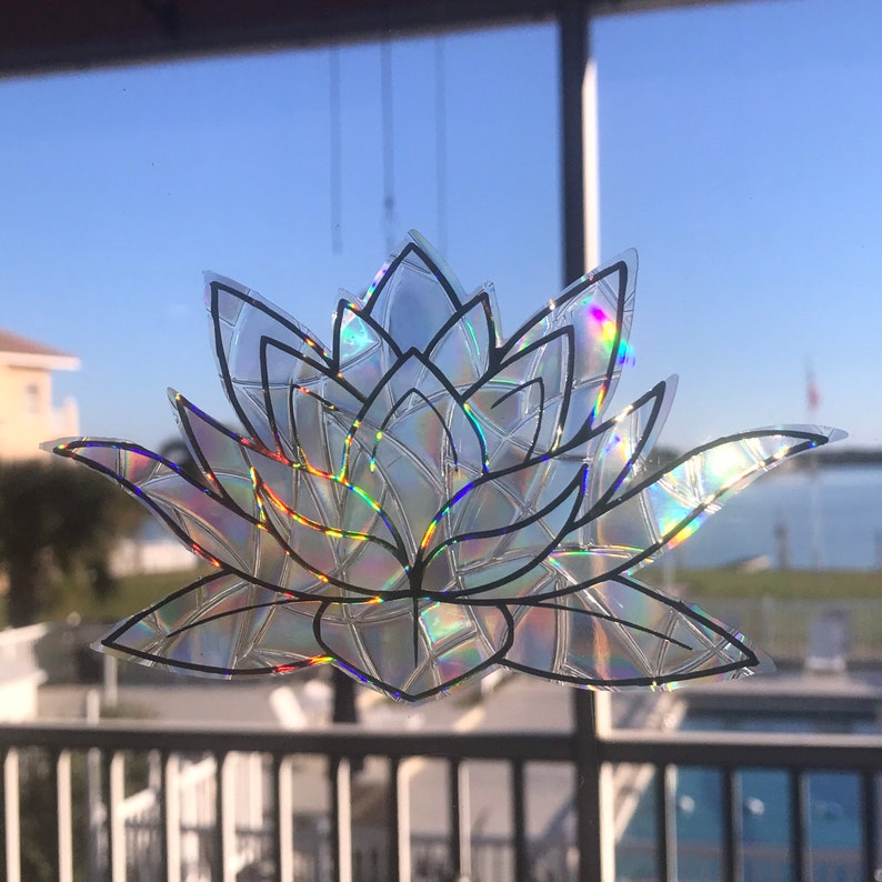 Large Lotus Flower Window Cling Prism & Holographic Rainbow Maker, Static Cling Decal, 11 x 6.5. Removable and Reusable image 3