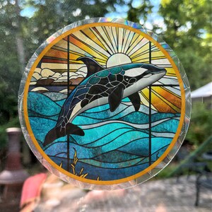 Orca Tropical Window Cling Suncatcher Stained Glass Effect UV Protected Deters Bird Strikes Colorful Home Decor, 5 Round image 2