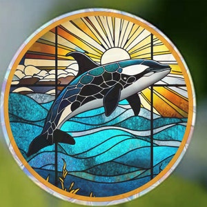 Orca Tropical Window Cling Suncatcher Stained Glass Effect UV Protected Deters Bird Strikes Colorful Home Decor, 5 Round image 1