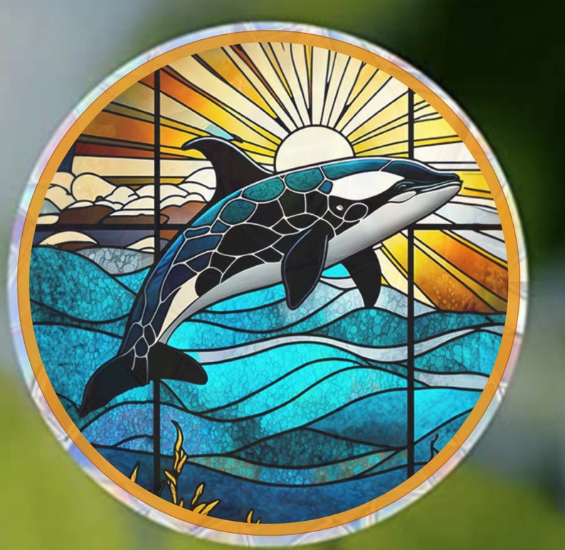 Orca Tropical Window Cling Suncatcher Stained Glass Effect UV Protected Deters Bird Strikes Colorful Home Decor, 5 Round image 1