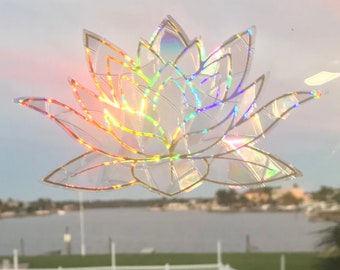 Lotus Flower Window Clings, Prism & Holographic Rainbow Maker, Static Cling Car Decal,  Removable and Reusable