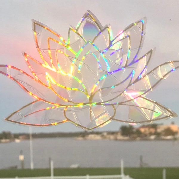 Large Lotus Flower Window Cling Prism & Holographic Rainbow Maker, Static Cling Decal, 11” x 6.5”. Removable and Reusable