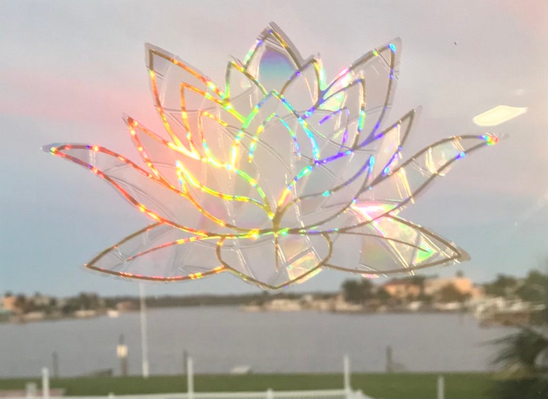 Large Lotus Flower Window Cling Prism & Holographic Rainbow Maker, Static Cling Decal, 11 x 6.5. Removable and Reusable image 1