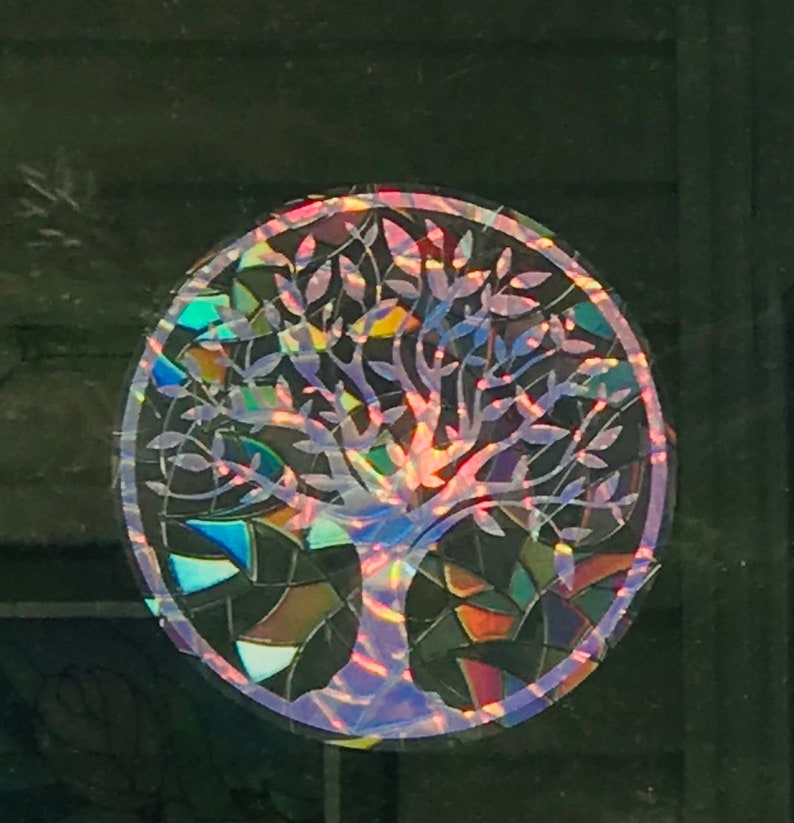 Large Tree of Life Window Cling Suncatcher, Prism & Holographic Rainbow Maker, Static Cling Decal, 8 diameter, Removable and Reusable image 6