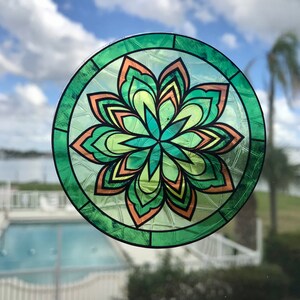 Snowflake Flower Suncatcher Window Cling, Green/Orange Transparent Stained Glass Look, 5 Round, Reusable Decal Stickers image 3