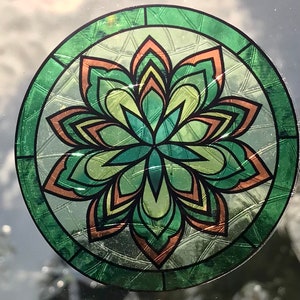 Snowflake Flower Suncatcher Window Cling, Green/Orange Transparent Stained Glass Look, 5 Round, Reusable Decal Stickers image 4