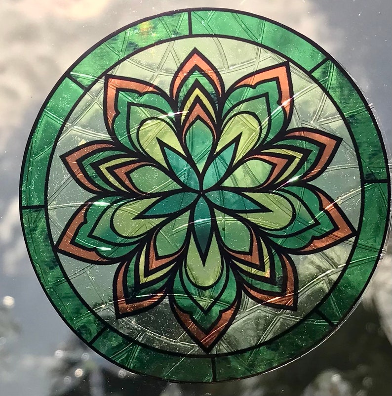 Snowflake Flower Suncatcher Window Cling, Green/Orange Transparent Stained Glass Look, 5 Round, Reusable Decal Stickers image 4