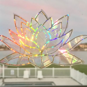 Large Lotus Flower Window Cling Prism & Holographic Rainbow Maker, Static Cling Decal, 11 x 6.5. Removable and Reusable image 2