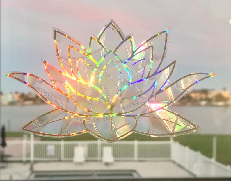 Large Lotus Flower Window Cling Prism & Holographic Rainbow Maker, Static Cling Decal, 11 x 6.5. Removable and Reusable image 2