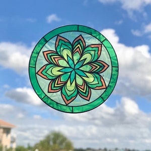 Snowflake Flower Suncatcher Window Cling, Green/Orange Transparent Stained Glass Look, 5 Round, Reusable Decal Stickers image 5