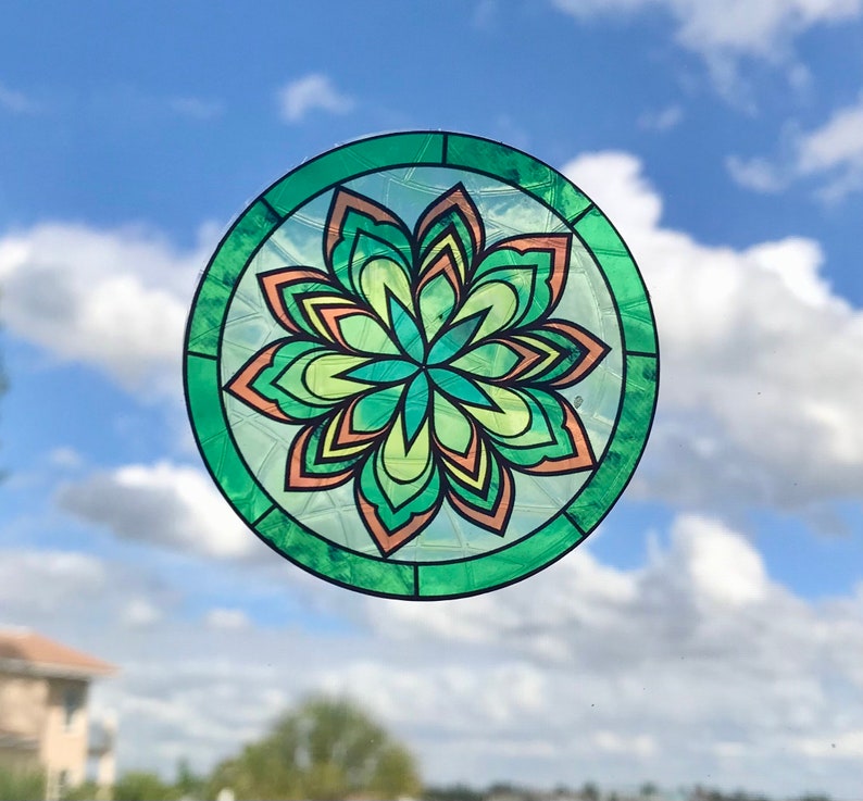 Snowflake Flower Suncatcher Window Cling, Green/Orange Transparent Stained Glass Look, 5 Round, Reusable Decal Stickers image 5