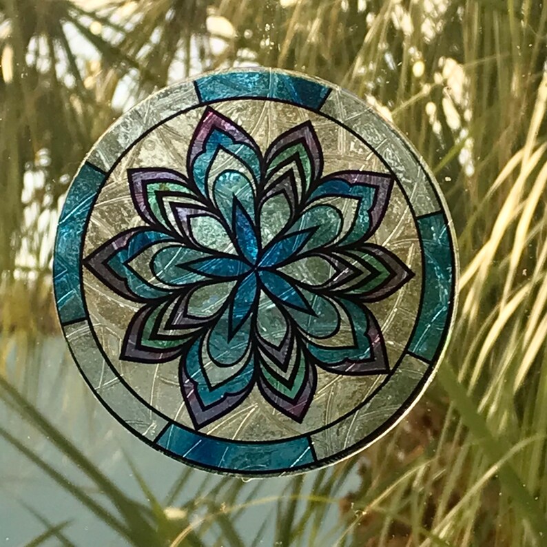 Mandala Flower Suncatcher Window Cling, Blue/Purple Transparent Stained Glass Look, 5 Round, Reusable and Removable Decal Stickers image 3