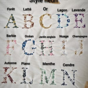 May include: A chart of embroidered letters A through N, each letter is a different color and surrounded by a floral design. The colors include forest green, latte brown, gold, blue, lavender, pink, ocean blue, white, light green, gray, burgundy, black, dark green, and dark blue.