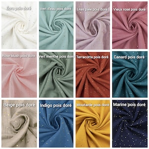 May include: Twelve fabric swatches with gold glitter dots. The swatches are in various colors, including beige, blue, green, pink, red, and white.