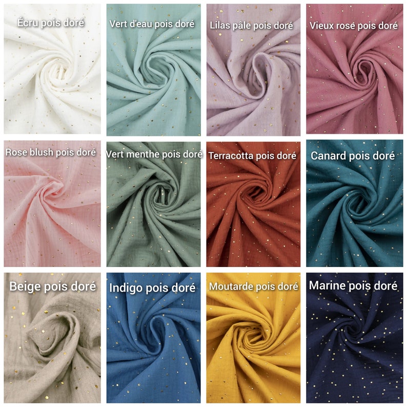 May include: Twelve fabric swatches with gold glitter dots. The swatches are in various colors, including beige, blue, green, pink, red, and white.