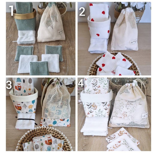 Lingettes lavables/lingettes démaquillantes/lingettes bébé  micro éponge bambou et coton avec panier et sac filet lavage 100% coton bio