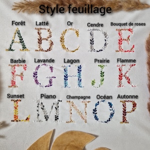 May include: A white fabric with embroidered letters A through P in different colors. Each letter is surrounded by a wreath of leaves. The letters are labeled with names like "For&ecirc;t", "Latt&eacute;", "Or", "Cendre", "Bouquet de roses", "Barbie", "Lavande", "Lagon", "Prairie", "Flamme", "Sunset", "Piano", "Champagne", "Oc&eacute;an", and "Automne".