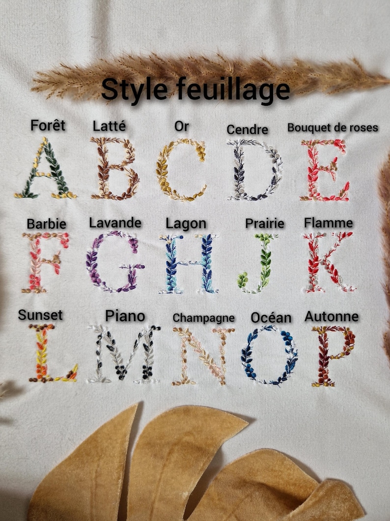 May include: A white fabric with embroidered letters A through P in different colors. Each letter is surrounded by a wreath of leaves. The letters are labeled with names like "For&ecirc;t", "Latt&eacute;", "Or", "Cendre", "Bouquet de roses", "Barbie", "Lavande", "Lagon", "Prairie", "Flamme", "Sunset", "Piano", "Champagne", "Oc&eacute;an", and "Automne".