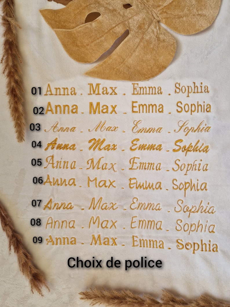 May include: A white fabric with nine rows of embroidered names, each row numbered 01 through 09. The names are Anna, Max, Emma, and Sophia. The text "Choix de police" is at the bottom of the fabric.