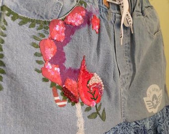 Hand embroidered and painted denim pant